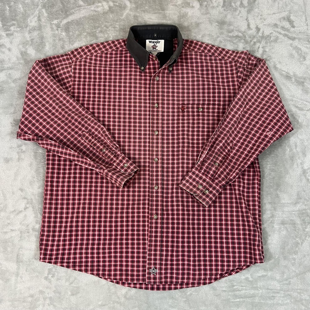 Professional Bull Riders Shirt Mens Red Black PBR Rodeo Western Plaid Button